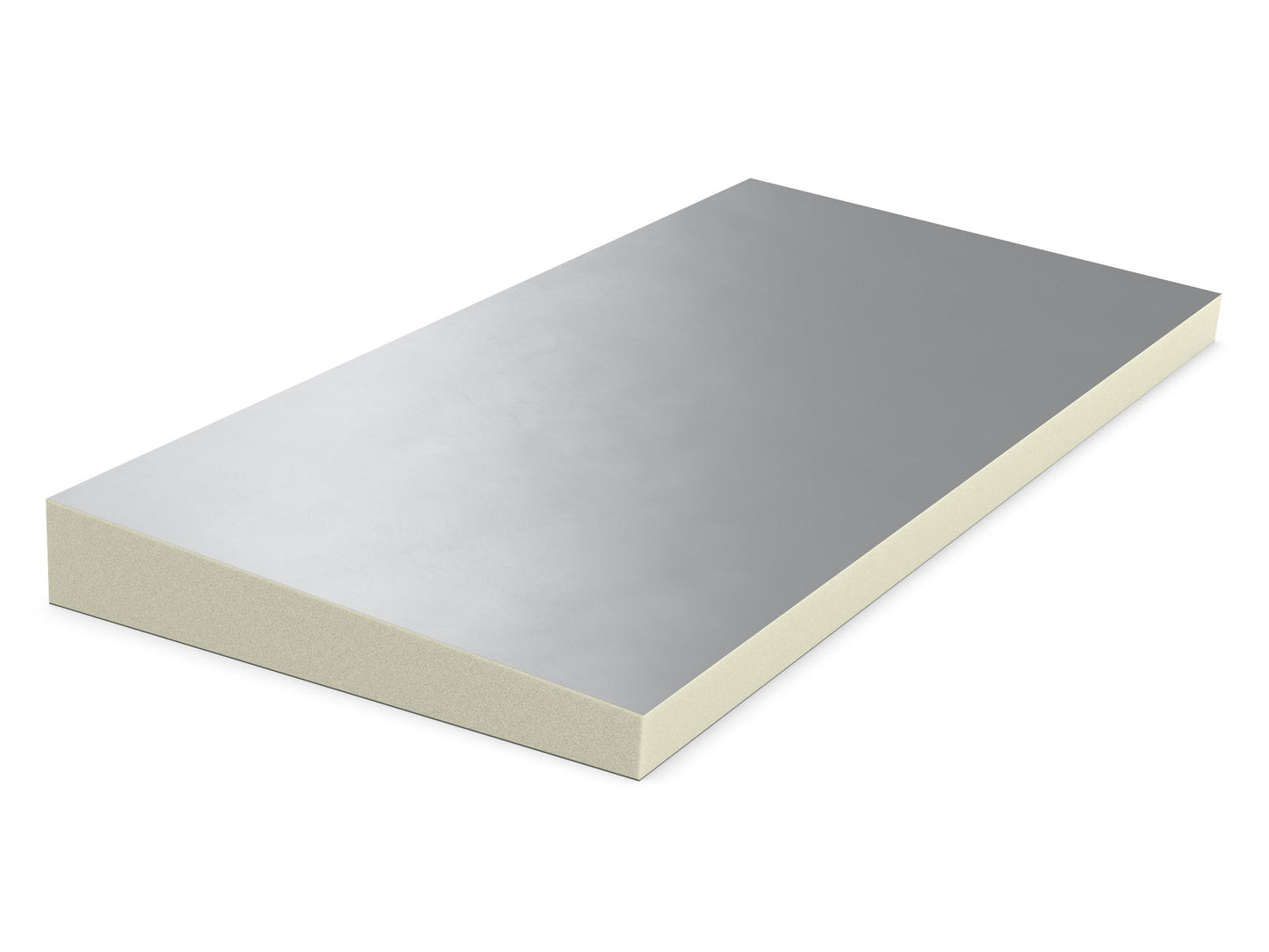 PIR afschot 2-zijdig aluminium 1200x1200x50/60mm Rd:2.48 (=1,44m²): Schuimplaat met afschot, twee zijden aluminium, afmetingen 1200x1200x50/60mm, Rd-waarde van 2.48, geschikt voor 1.44m².